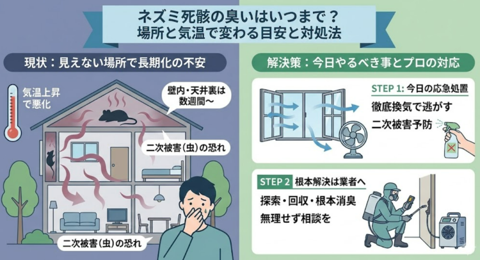 ネズミの死骸の臭いはいつまで続く？日数の目安と今すぐやること