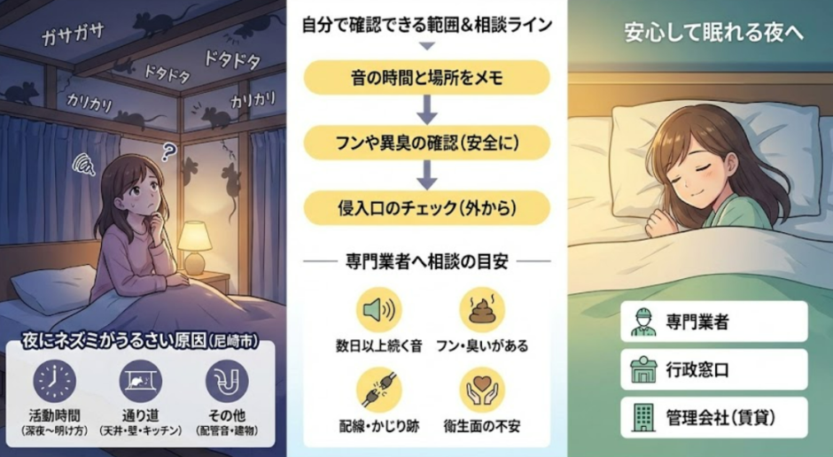 尼崎市で夜にカサカサ音がうるさい！ネズミの可能性は？放置リスクと判断ライン