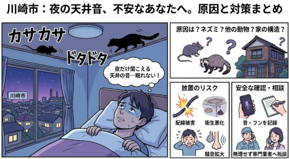 川崎市で天井から音がする原因は？ネズミの可能性と放置リスクを解説